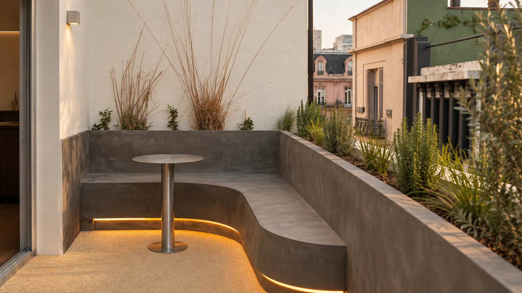 Curved terrace bench with planting